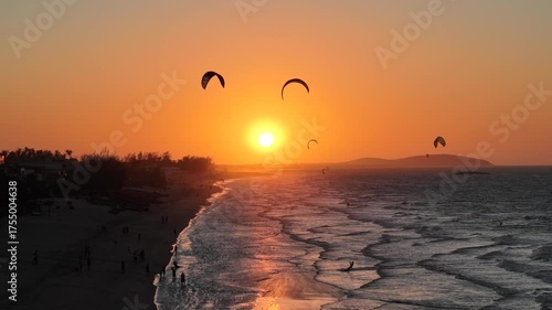 Aerial view of sunset at Preá Beach, a kitesurf point near Jericoacoara Village - Cruz, Ceará, Brazil