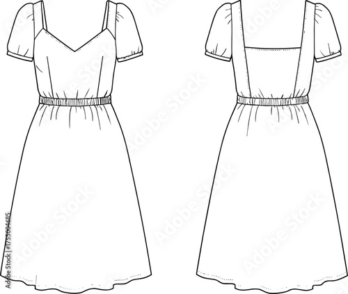Puff sleeve midi dress sketch, gathered neckline and elastic waist design, V-neck front and square back, fashion flat drawing, garment vector, apparel template