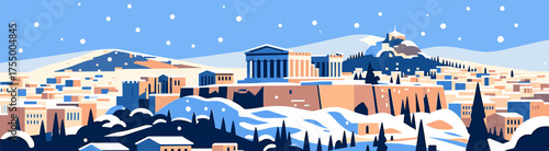 Winter cityscape illustration with ancient architecture