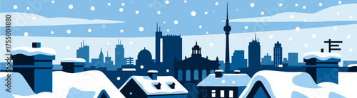 Snowy cityscape illustration with blue hues