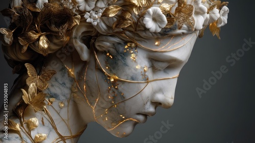 A marble bust with intricate gold and white floral decorations, set against a dark background with subtle lighting effects.