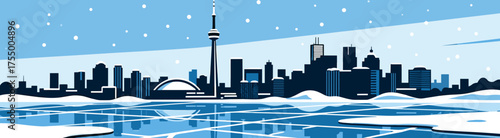 Toronto skyline in winter illustration with snowflakes