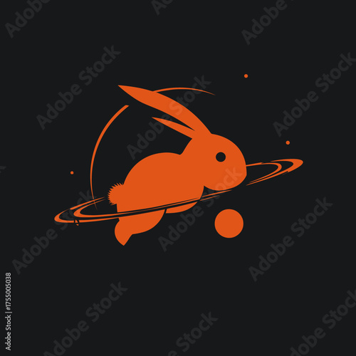 Orange silhouette of a rabbit orbiting rings and dots against a black backdrop