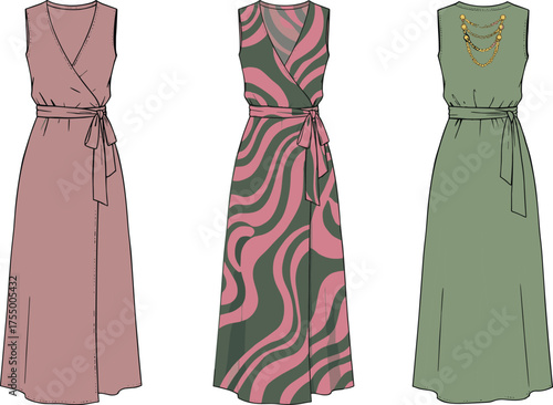 Sleeveless wrap dress illustration set, V-neckline with tie belt design, patterned and solid color views, fashion sketch, garment vector, apparel template