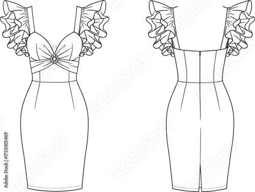 Sweetheart neckline dress sketch, ruffled sleeve fitted silhouette design, front and back view, fashion flat drawing, garment vector, apparel template