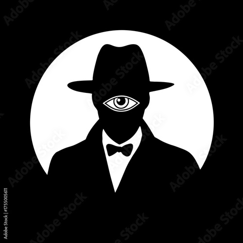 A minimalist illustration of a figure wearing a fedora, a bow tie, and a single eye