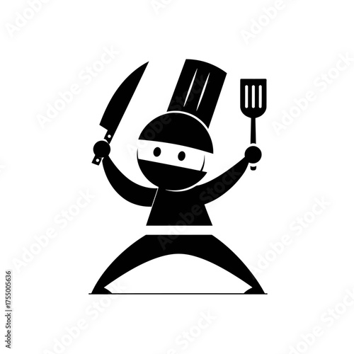Cartoon of a ninja chef in a toque, holding a knife and spatula ready for a culinary battle