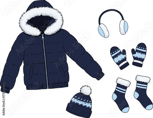 Winter clothing flat lay illustration, puffer jacket, mittens, socks, earmuffs, knit hat, fashion accessories, garment vector, apparel template