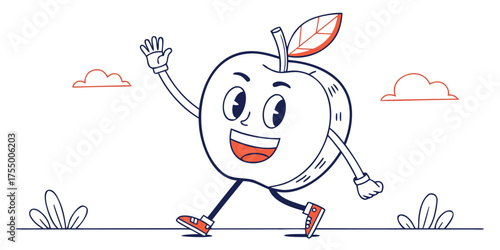 Smiling apple waving hello, cute flat vector minimal illustration