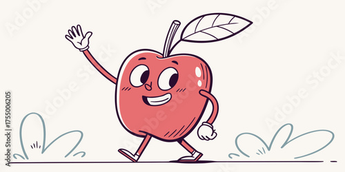 Cheerful apple waving hello, playful cute flat vector design