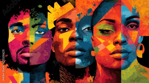 Wallpaper Mural Art piece features four unique faces blending colors and shapes to represent diversity and unity. Torontodigital.ca