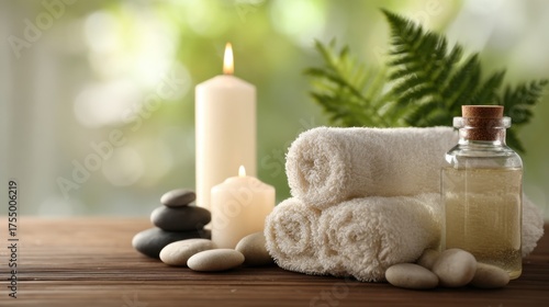 Soft towels and calming candles create a peaceful ambiance in a tranquil spa environment.