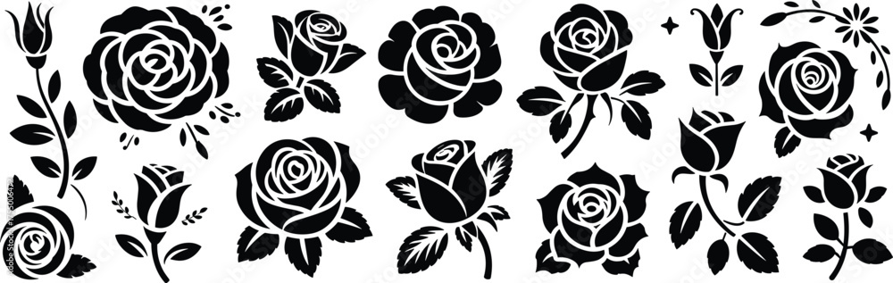 Fototapeta premium Black and white rose vector set, floral tattoo design, decorative bloom illustrations, elegant botanical elements, monochrome flower art, stock graphic asset