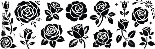 Black and white rose vector set, floral tattoo design, decorative bloom illustrations, elegant botanical elements, monochrome flower art, stock graphic asset