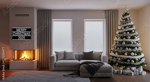 Merry christmas tree fireplace gifts living room holiday season winter celebration home decor festive