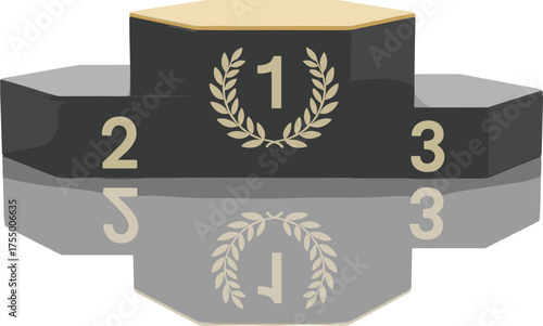 Black winners podium vector with gold laurel symbol, first second third place design, glossy competition ranking illustration, award graphic asset