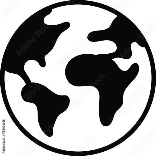 Minimalist black and white Earth globe vector icon, flat design, clean lines, isolated on white background.