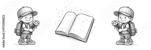 Cheerful cartoon schoolboys with blossoms and an open journal, in monochrome tones, symbolizing education and gratitude