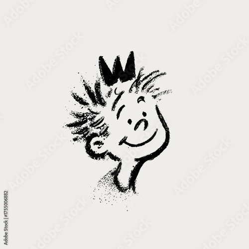 A cartoon-style headshot of a smiling character with a crown on their head, drawn in black on a cream background