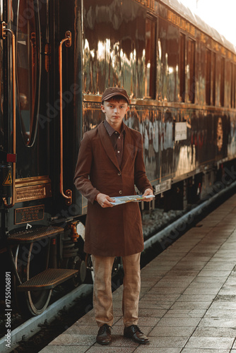 Fotografie A thoughtful young man in a brown coat and a retro-style cap holds a rolled-up newspaper on a train platform near the Orient Express train