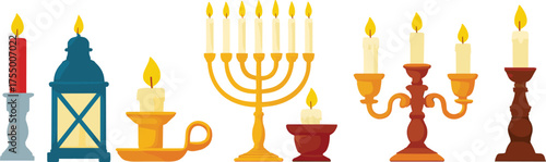 Candle holder collection, menorah with lit candles, festive lighting, cultural diversity, vector illustration, holiday decor, warm glow, elegant design