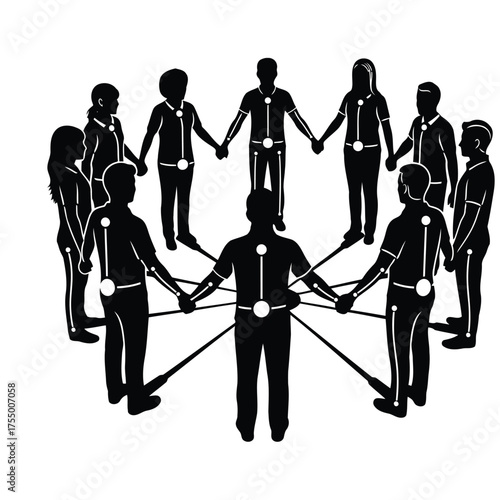 Diverse people holding hands in a circle with connection lines