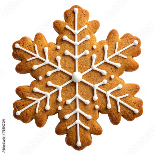 A gingerbread cookie shaped like a snowflake, decorated with white icing, against a black background
