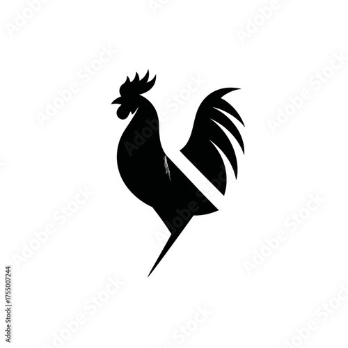 A minimalist graphic of a rooster silhouette, black against a white background
