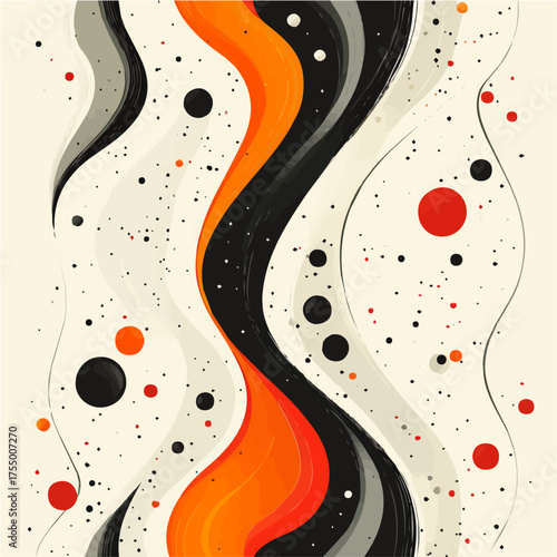 Colorful abstract art with organic shapes and red figures, mid-century modern vector. 
