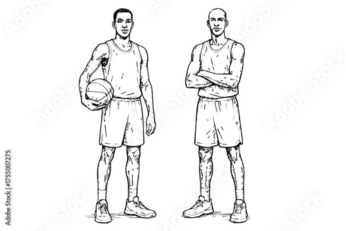 Two basketball players standing black and white vector sketch