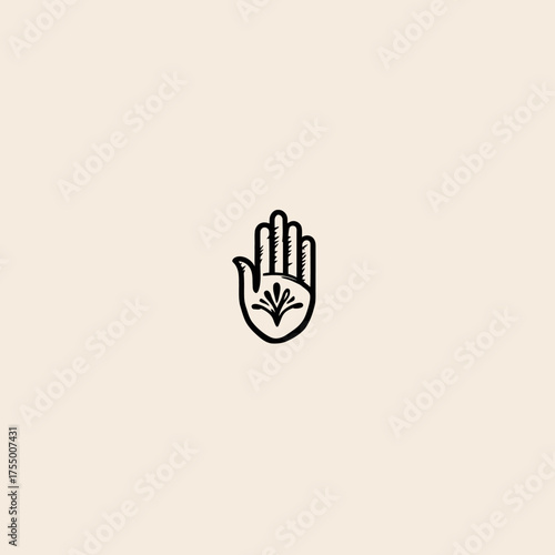 Minimalist hand symbol with a floral design in the palm, centered on a cream-colored background
