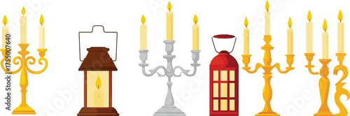 Candle holder vector set, ornate candelabra, lantern-style designs, lit candles, festive lighting, elegant decor, cultural diversity, warm glow illustration