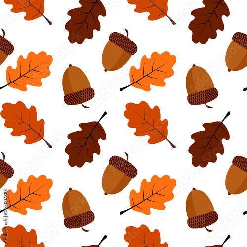 Seamless autumn pattern in warm brown and orange tones featuring oak leaves and acorns for fabric, packaging, wallpaper design