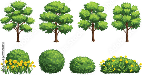 Eight cartoon-style green trees and shrubs, including some with yellow flowers, perfect for nature scenes, game assets, educational materials, landscaping, and digital art projects