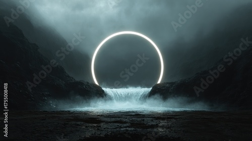 Glowing portal ring above waterfall in dark landscape with atmospheric mist