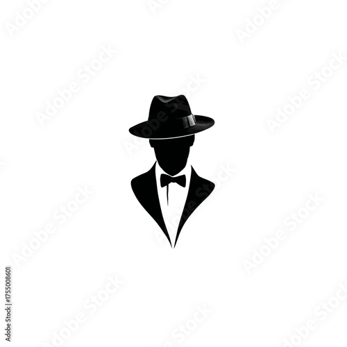 A silhouette of a man wearing a fedora, suit with a bow tie, and the body truncated