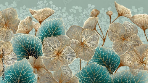 A detailed, intricate floral wallpaper with a teal and gold color scheme, featuring large, ornate flowers and leaves on a light blue background with subtle floral patterns.