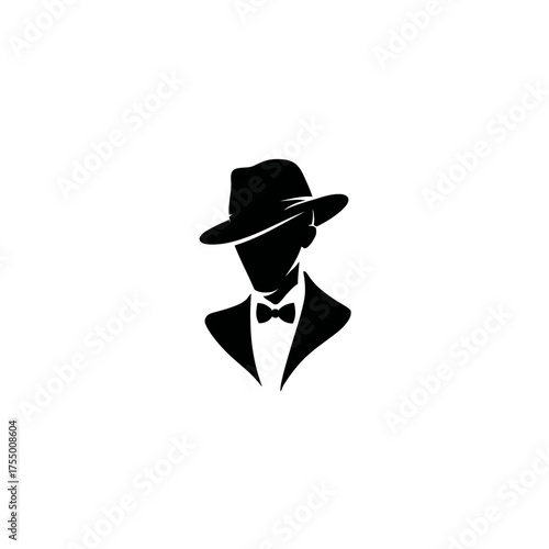 A silhouette of a man wearing a fedora, suit jacket, and bow tie, isolated on a white background