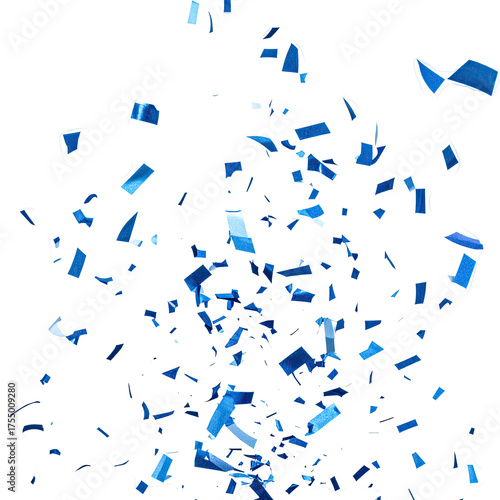 Floating blue confetti, irregular shape on white with dark void surround