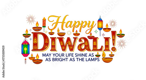 Radiant Happy Diwali greeting card with illuminated diyas, festive lanterns, and fireworks wishing bright blessings and joyous celebration for everyone