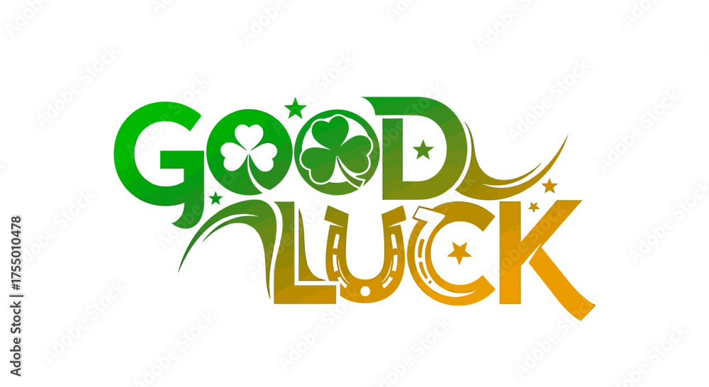 Naklejka premium Vibrant Good Luck text design featuring lucky clovers and horseshoe elements, perfect for celebratory and motivational projects wishing success and fortune