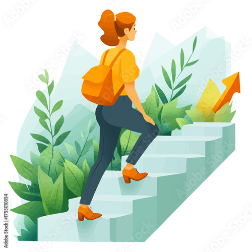 Business concept illustration of a woman climbing arrow stairs, growth metaphor, flat vector, white background 
