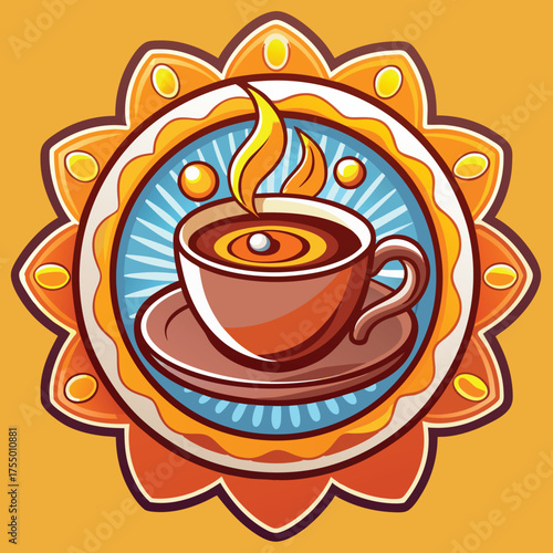 Aroma Delight: Stylish Illustration of Steaming Coffee in a Circle Ornament on a Yellow Backdrop