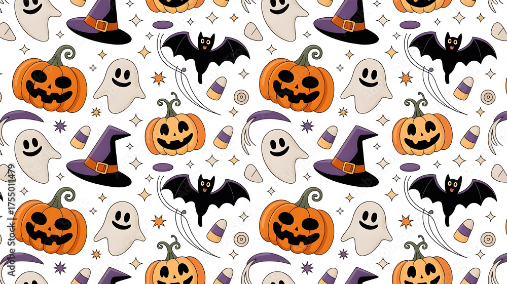 Obraz premium Halloween Pattern Pumpkin Ghost Bat Witch Hat Festive Backdrop