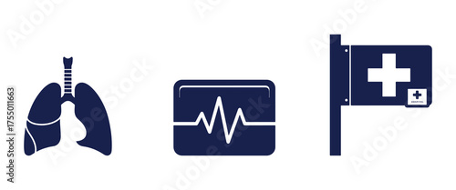 Medical Icons Set Showing Lungs Heart Monitor and Hospital Sign Keywords: lungs, respiratory system, anatomy, human organ, heart