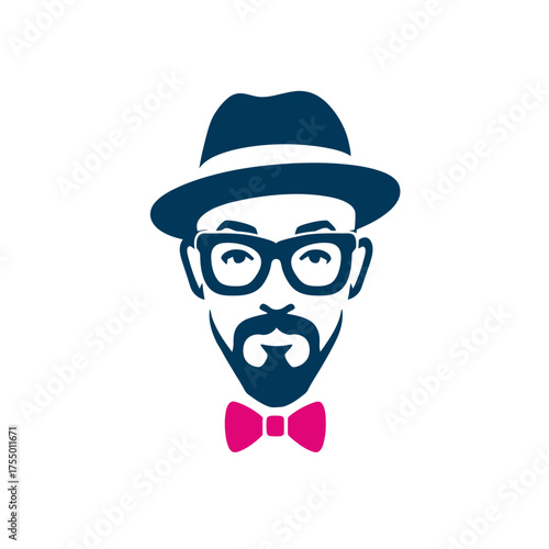 Silhouette of a man with a hat, glasses, a mustache, a beard, and a pink bowtie