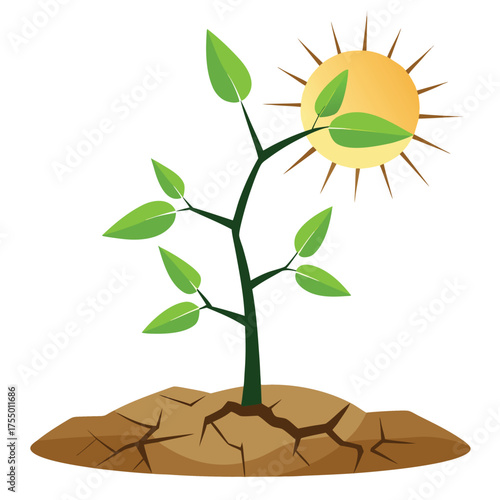 Baby Tree Growing from Cracked Soil with Sunlight on Fresh Green Leaves | Flat Nature Growth Concept Vector Icon
