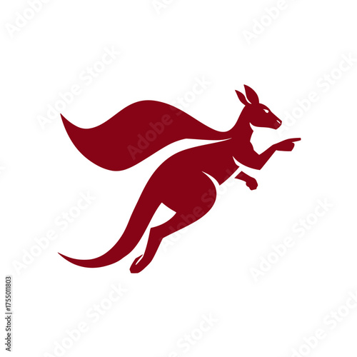 A cartoon kangaroo with a cape leaps to the right, pointing with its front paw in motion