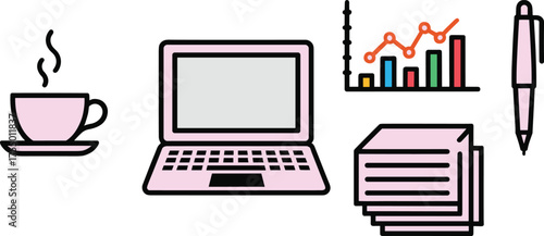 Workspace icon set, coffee cup, laptop, graph, documents, pen, productivity tools, study elements, business analysis, vector illustration, pink theme