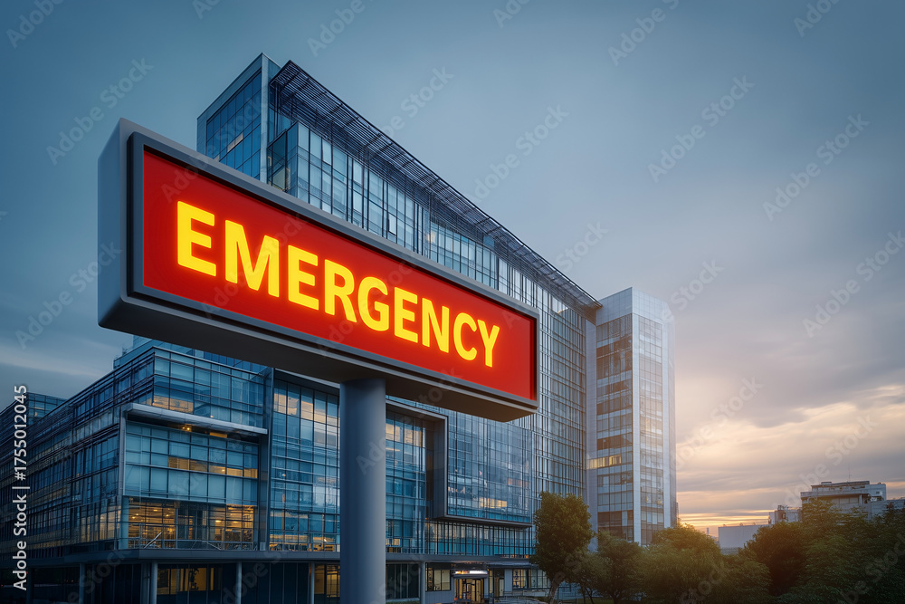 Obraz premium Modern hospital exterior with illuminated emergency sign in front of glass architecture building at dusk in healthcare district environment